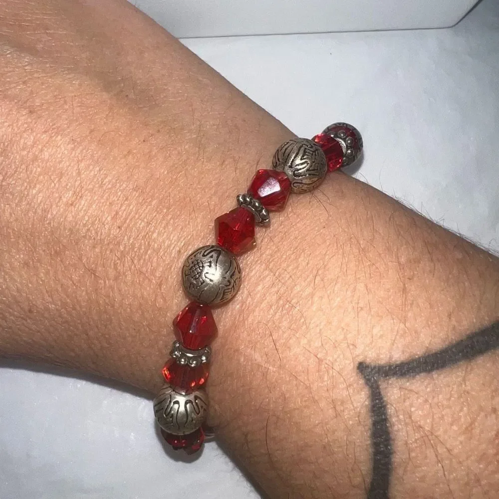 Vintage Boho Silver Tone And Orange Red Faceted Bead Bracelet